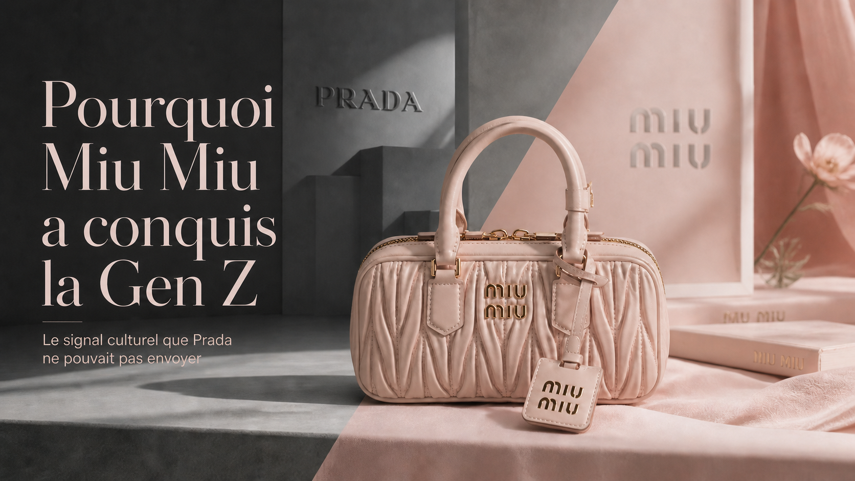 Couverture éditoriale pour Pourquoi Miu Miu a conquis la Gen Z, avec un sac matelassé rose poudré inspiré de Miu Miu, entre un décor architectural gris inspiré de Prada et un univers rose doux Miu Miu.