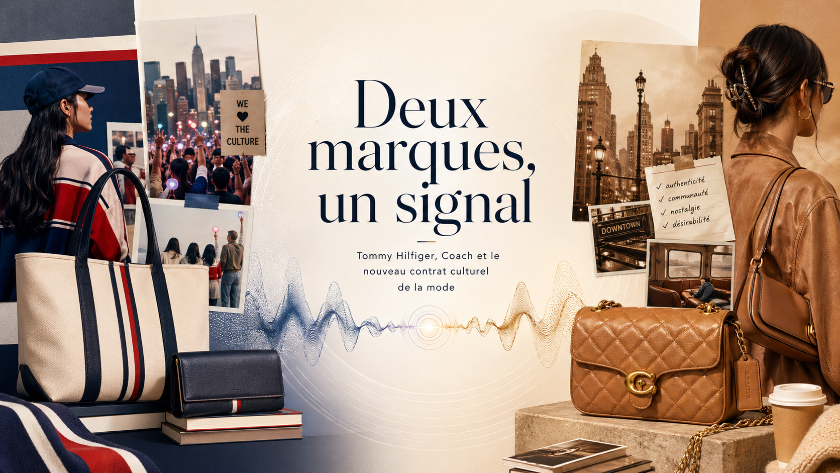 Image de couverture éditoriale pour Deux marques, un signal, montrant un univers preppy américain inspiré de Tommy Hilfiger et une esthétique cuir nostalgique inspirée de Coach, reliés par une onde de signal culturel.