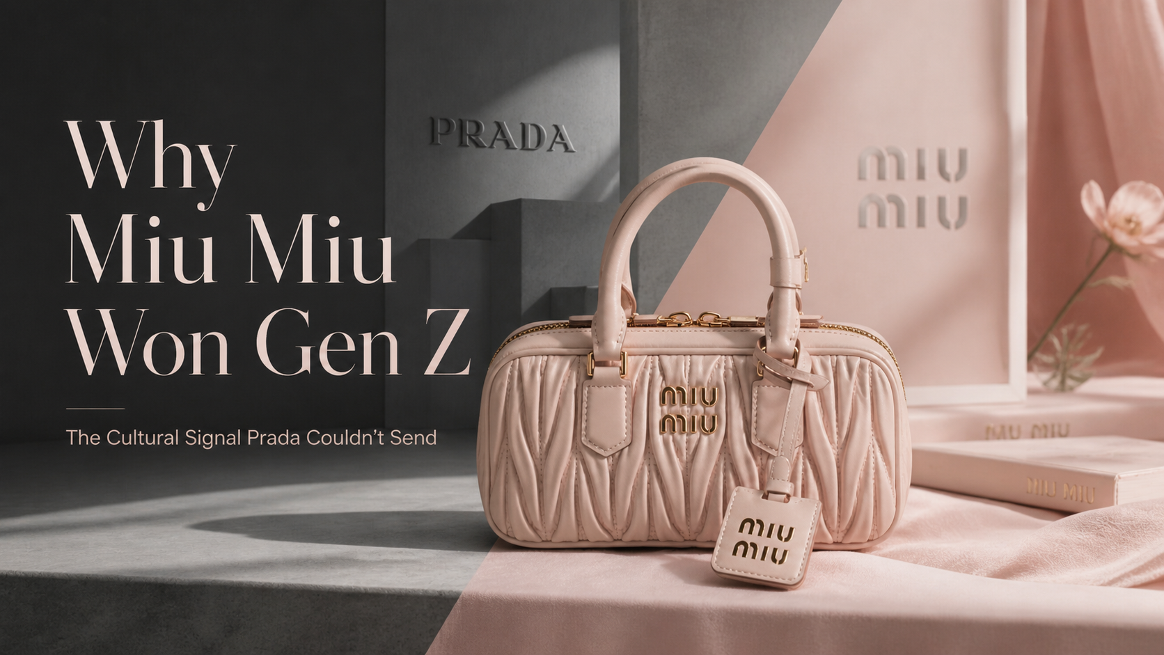 Editorial blog cover for Why Miu Miu Won Gen Z, featuring a blush pink matelassé Miu Miu-inspired handbag against a Prada-inspired grey architectural backdrop and a soft Miu Miu pink setting.
