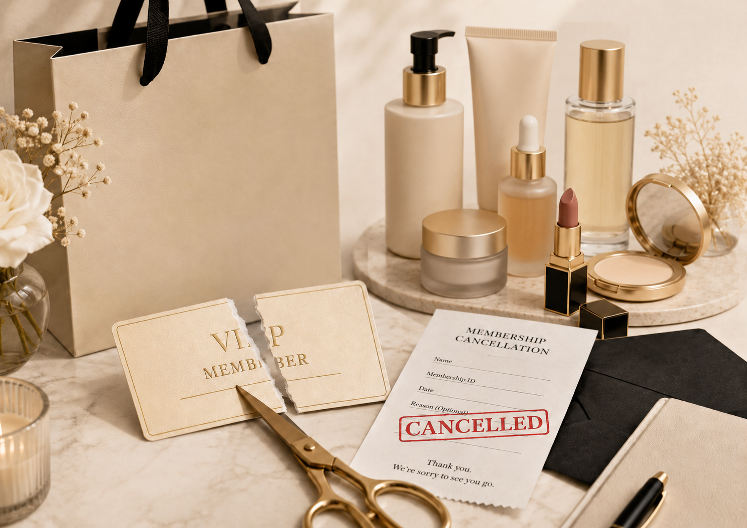 Editorial flat lay of luxury skincare products, a torn VIP membership card, gold scissors, and a cancelled membership form, symbolising how a poor interview experience can reshape brand loyalty.