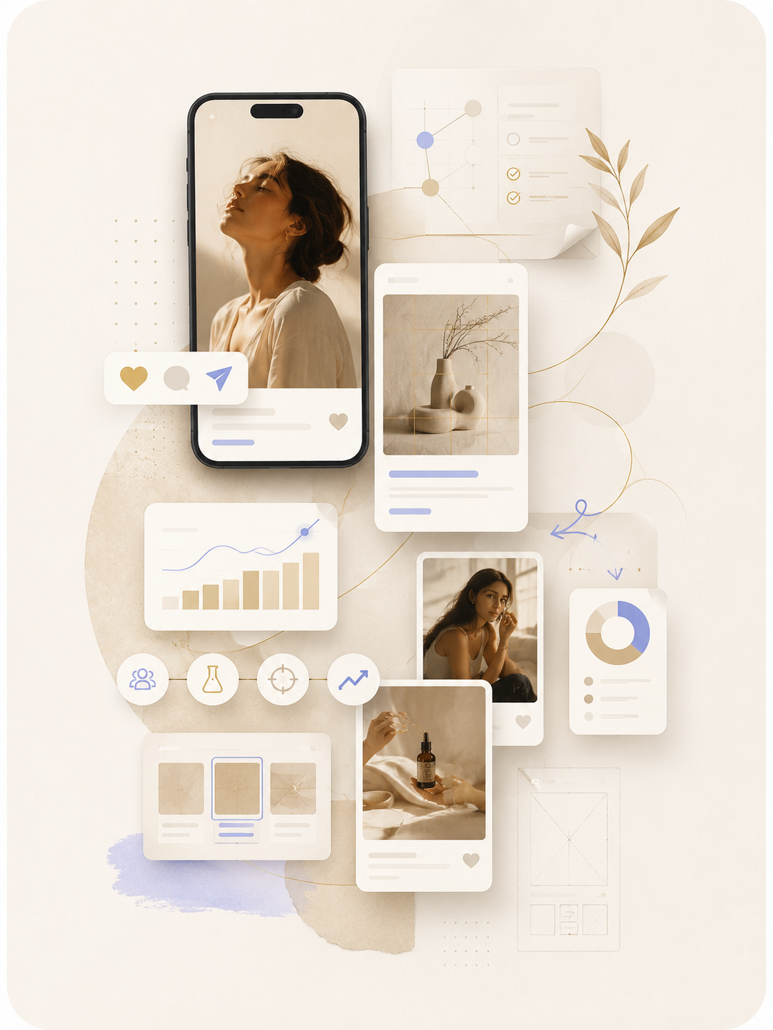 Editorial visual showing social ad creative strategy and performance assets